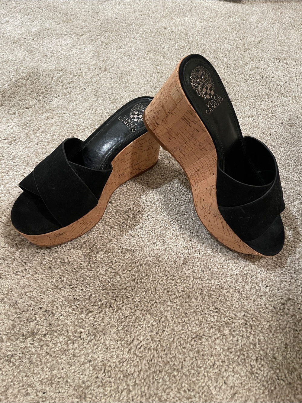 Vince Camuto Black Suede Cork Wedge Slide Sandals -